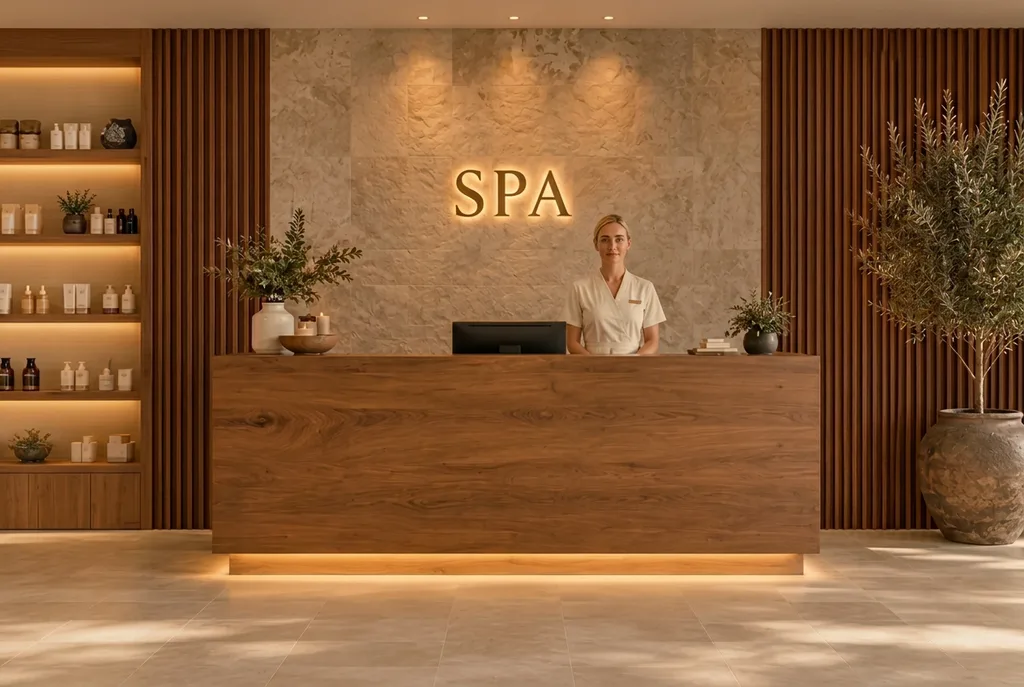 Receção de Spa vista de frente, com balcão fechado em madeira, letreiro SPA iluminado e uma terapeuta loira.